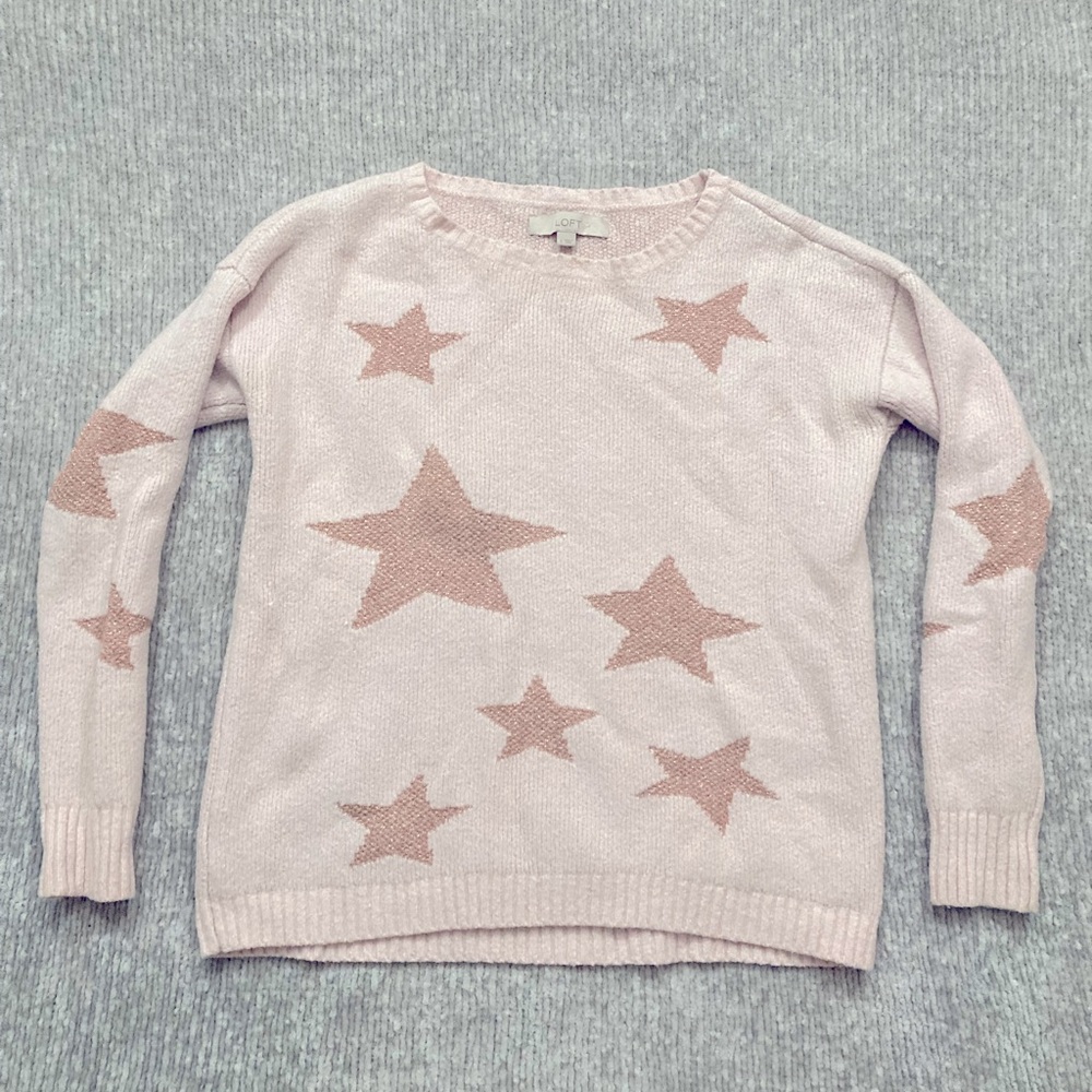 Loft Pink Star Print Crewneck Sweater Small Soft Cozy‎